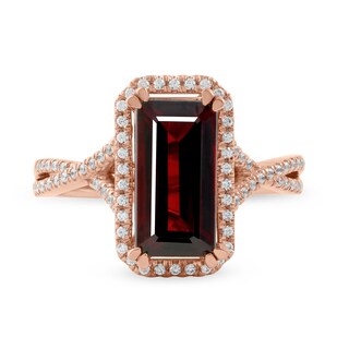 Emerald-Cut Garnet and 0.25 CT. T.W. Diamond Octagonal Frame Crossover Shank Ring in 10K Rose Gold|Peoples Jewellers