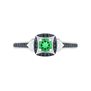 4.0mm Lab-Created Emerald and 0.04 CT. T.W. Black Diamond Cushion Frame Vintage-Style Ring in Sterling Silver|Peoples Jewellers