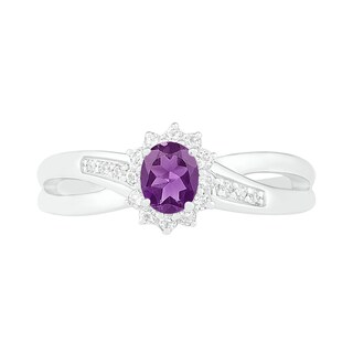 Oval Amethyst and Lab-Created White Sapphire Starburst Frame Crossover Split Shank Ring in Sterling Silver|Peoples Jewellers