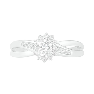 Oval Lab-Created White Sapphire Starburst Frame Crossover Split Shank Ring in Sterling Silver|Peoples Jewellers