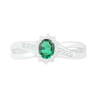 Oval Lab-Created Emerald and White Sapphire Starburst Frame Crossover Split Shank Ring in Sterling Silver|Peoples Jewellers