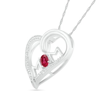 Oval Lab-Created Ruby and Diamond Accent "MOM" Tilted Heart Pendant in Sterling Silver|Peoples Jewellers