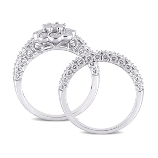 0.16 CT. T.W. Diamond Flower Frame Vintage-Style Bridal Set in Sterling Silver|Peoples Jewellers