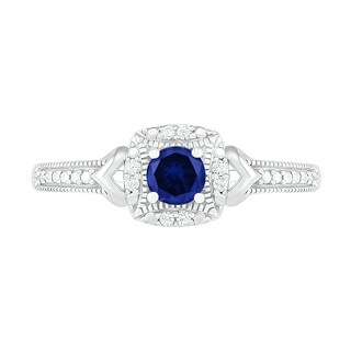 Lab-Created Blue Sapphire and 0.04 CT. T.W. Diamond Cushion Frame Chevron Side Vintage-Style Ring in Sterling Silver|Peoples Jewellers