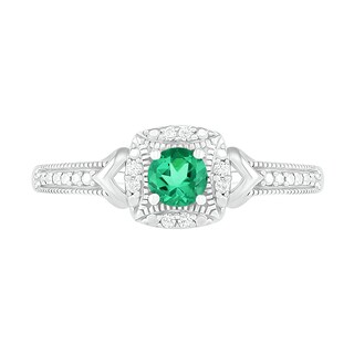 Lab-Created Emerald and 0.04 CT. T.W. Diamond Cushion Frame Chevron Side Accent Vintage-Style Ring in Sterling Silver|Peoples Jewellers