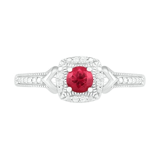 4.0mm Lab-Created Ruby and 0.04 CT. T.W. Diamond Cushion Frame Chevron Side Accent Vintage-Style Ring in Sterling Silver|Peoples Jewellers