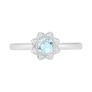 4.0mm Aquamarine and 0.04 CT. T.W. Diamond Vintage-Style Flower Ring in Sterling Silver|Peoples Jewellers