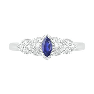 Marquise Lab-Created Sapphire and Diamond Accent Layered Leaf-Sides Vintage-Style Ring in Sterling Silver|Peoples Jewellers