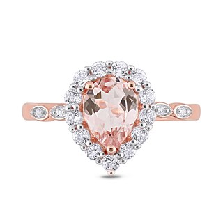 Pear-Shaped Morganite, White Topaz and Diamond Accent Frame Double Leaf-Sides Ring in 10K Rose Gold|Peoples Jewellers