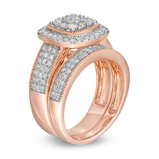 1.29 CT. T.W. Composite Cushion Diamond Frame Multi-Row Vintage-Style Bridal Set in 10K Rose Gold|Peoples Jewellers