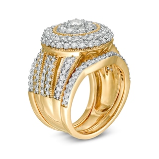 2.23 CT. T.W. Multi-Diamond Multi-Row Vintage-Style Three Piece Bridal Set in 10K Gold|Peoples Jewellers