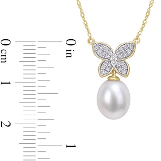 9.0-10.0mm Baroque Freshwater Cultured Pearl Drop and 0.13 CT. T.W. Diamond Butterfly Necklace in 10K Gold-17"|Peoples Jewellers