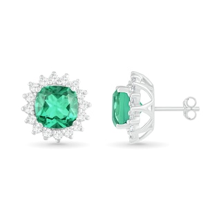 6.0mm Cushion-Cut Lab-Created Emerald and White Sapphire Sunburst Frame Stud Earrings in Sterling Silver|Peoples Jewellers