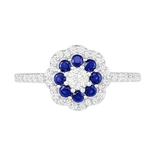 3.4mm White and Blue Lab-Created Sapphire Double Frame Flower Ring in Sterling Silver|Peoples Jewellers