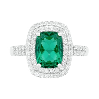 Cushion-Cut Lab-Created Emerald and White Sapphire Double Frame Two Row Ring in Sterling Silver|Peoples Jewellers