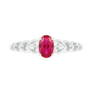 Oval Lab-Created Ruby and Diamond Accent Heart-Sides Trio Ring in Sterling Silver|Peoples Jewellers
