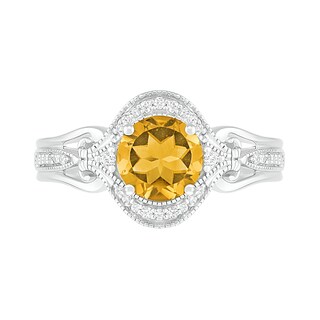 7.0mm Citrine and 0.085 CT. T.W. Diamond Scroll Frame Split Shank Vintage-Style Ring in Sterling Silver|Peoples Jewellers