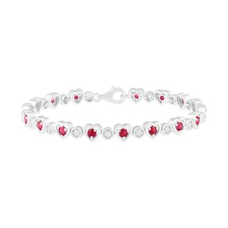 3.0mm Lab-Created Ruby and White Sapphire Heart and Bubble Link Alternating Line Bracelet in Sterling Silver - 7.5"|Peoples Jewellers