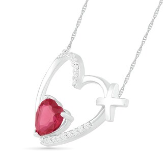 4.0mm Lab-Created Ruby and White Sapphire Heart Outline with Greek Cross Necklace in Sterling Silver|Peoples Jewellers