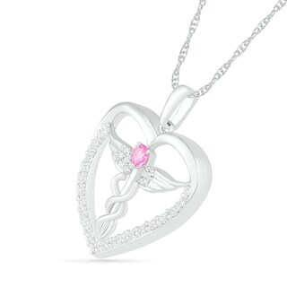 3.0mm Lab-Created Pink and White Sapphire Caduceus Heart Outline Pendant in Sterling Silver|Peoples Jewellers