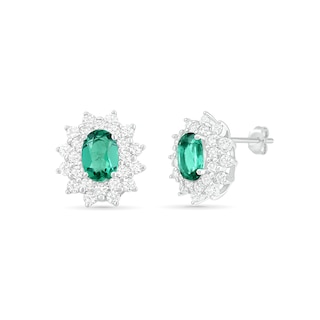 Oval Lab-Created Emerald and White Sapphire Sunburst Double Frame Stud Earrings in Sterling Silver|Peoples Jewellers