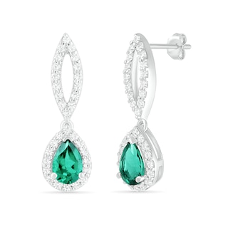 Pear-Shaped Lab-Created Emerald and White Sapphire Frame Open Marquise Drop Earrings in Sterling Silver|Peoples Jewellers