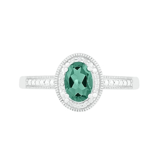 Oval Lab-Created Emerald and 0.04 CT. T.W. Diamond Beaded Frame Vintage-Style Ring in Sterling Silver|Peoples Jewellers