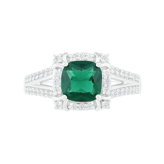 7.0mm Cushion-Cut Lab-Created Emerald and White Sapphire Frame Art Deco Split Shank Ring in Sterling Silver|Peoples Jewellers