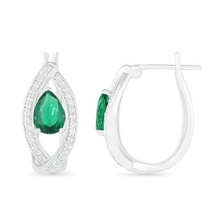 Pear-Shaped Lab-Created Emerald and White Sapphire Marquise Orbit Frame Hoop Earrings in Sterling Silver|Peoples Jewellers