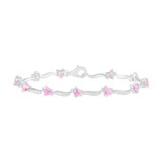4.0mm Heart-Shaped Lab-Created Pink Sapphire and Beaded Wave Link Alternating Line Bracelet in Sterling Silver - 7.25"|Peoples Jewellers