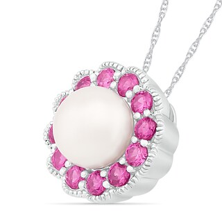Freshwater Cultured Pearl and Lab-Created Pink Sapphire Frame Vintage-Style Flower Pendant in Sterling Silver|Peoples Jewellers