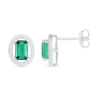 Emerald-Cut Lab-Created Emerald and White Sapphire Open Oval Frame Drop Earrings in Sterling Silver|Peoples Jewellers