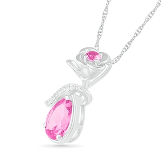 Pear-Shaped and Round Lab-Created Pink and White Sapphire Rose and Ribbon Overlay Drop Pendant in Sterling Silver|Peoples Jewellers