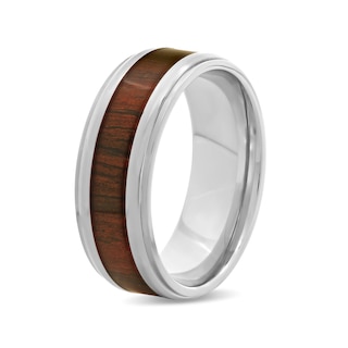 Men's 8.0mm Stepped Edge Comfort-Fit Wedding Band in Stainless Steel with Brown Wood Grain Carbon Fibre Inlay (1 Line)|Peoples Jewellers