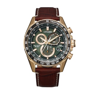 Men's Citizen Eco-Drive® Perpetual Chrono A-T Rose-Tone Chronograph Strap Watch with Green Dial (Model: CB5919-00X)|Peoples Jewellers