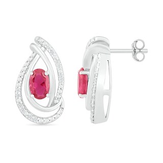 Oval Lab-Created Ruby and 0.067 CT. T.W. Diamond Ribbon Flame Drop Earrings in Sterling Silver|Peoples Jewellers