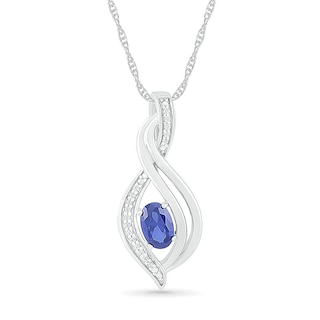 Oval Blue Lab-Created Sapphire and 0.04 CT. T.W. Diamond Flame Drop Pendant in Sterling Silver|Peoples Jewellers