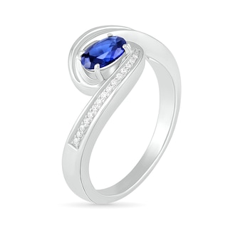 Sideways Blue Lab-Created Sapphire and Diamond Accent Bypass Ring in Sterling Silver|Peoples Jewellers