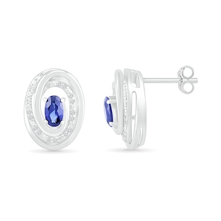 Oval Lab-Created Sapphire and 0.066 CT. T.W. Diamond Beaded Open Swirl Frame Stud Earrings in Sterling Silver|Peoples Jewellers