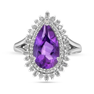 Pear-Shaped Amethyst and White Lab-Created Sapphire Double Shadow Frame Split Shank Ring in Sterling Silver|Peoples Jewellers