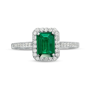 Emerald-Cut Lab-Created Emerald and White Sapphire Frame Ring in Sterling Silver|Peoples Jewellers