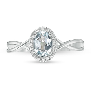 Oval Aquamarine and 0.08 CT. T.W. Diamond Frame Twist Shank Ring in 10K White Gold|Peoples Jewellers