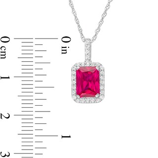 Emerald-Cut Lab-Created Ruby and White Sapphire Octagonal Frame Drop Pendant in Sterling Silver|Peoples Jewellers