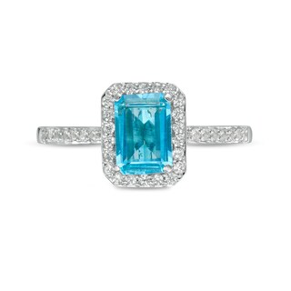 Emerald-Cut Simulated Blue Topaz and Lab-Created White Sapphire Octagonal Frame Ring in Sterling Silver|Peoples Jewellers