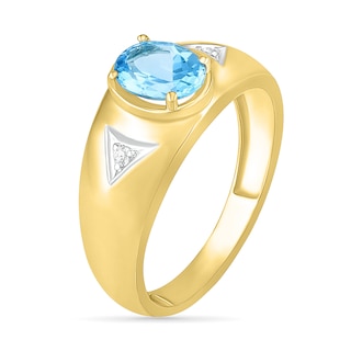 Men's Oval Blue Topaz and Diamond Accent Triangle Side Accent Ring in 10K Gold|Peoples Jewellers
