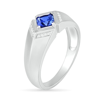 Men's Square-Cut Blue Lab-Created Sapphire and 0.04 CT. T.W. Diamond Chevron Collar Knife Edge Ring in Sterling Silver|Peoples Jewellers
