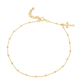 Diamond-Cut Bead Station with Cross Charm Anklet in 10K Gold - 10"|Peoples Jewellers