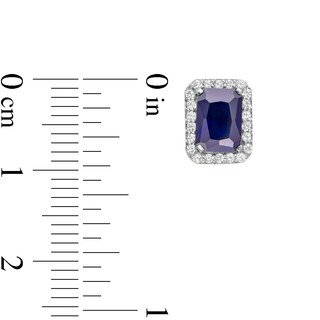 Emerald-Cut Lab-Created Blue and White Sapphire Octagonal Frame Stud Earrings in Sterling Silver|Peoples Jewellers