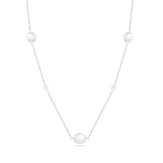 5.0-6.0mm Freshwater Cultured Pearl and White Lab-Created Sapphire Alternating Station Necklace in Sterling Silver|Peoples Jewellers