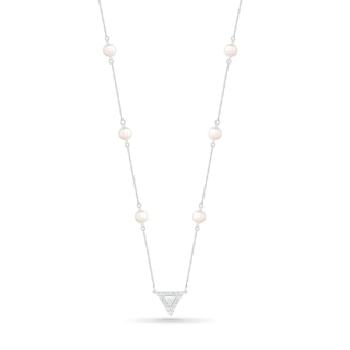 4.0mm Freshwater Cultured Pearl and White Lab-Created Sapphire Beaded Triangle Station Necklace in Sterling Silver|Peoples Jewellers
